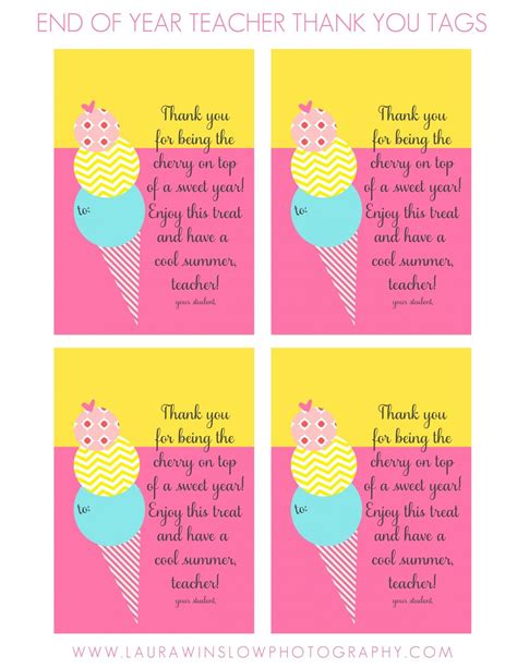 Free End Of Year Teacher Thank You Ice Cream Printable Tags Laura