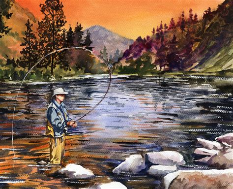 Fly Fishing At Sunset Mountain Lake Painting By Beth Kantor