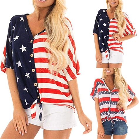 July Th Women S V Neck American Flag Button Down T Shirt With Tie Front Tops Mujer Verano