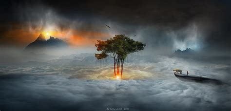 X Px Hd Wallpaper Surrealism Digital Art Clouds Warning Sign Volcano Mist Resize