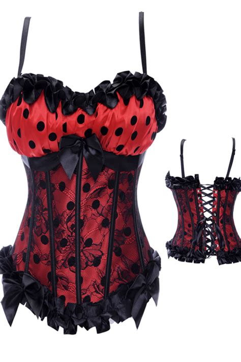 combination style red corset with black polka dots and underbust lace overlay ribbon bows and