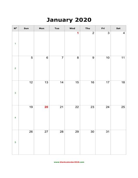 Blank Calendar For January 2020