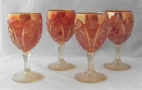 Imperial Marigold Octagon Carnival Glass Goblet Set Of Four Carnival Glass Carnival Glass