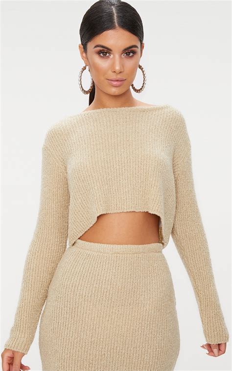 Stone Boucle Knit Sweater Prettylittlething Usa