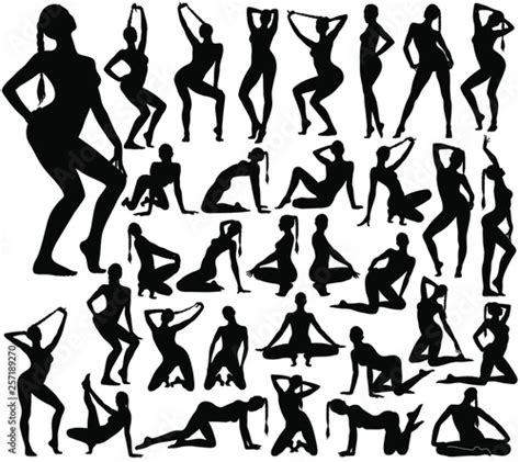 big set of sexy pinup woman with long hair silhouettes in different standing and sitting poses