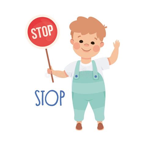 Little Boy Holding Stop Sign On Pole Demonstrating Vocabulary And Verb