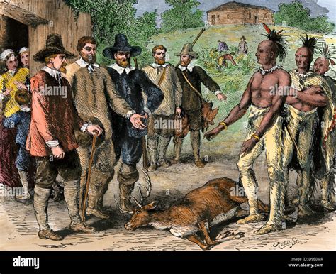 Native Americans Bringing A Deer To New England Colonists 1600s Stock