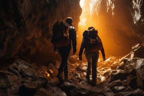 Premium Ai Image Unrecognizable People Hiking In Underground Cave