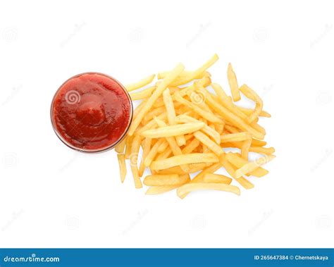 Tasty French Fries With Ketchup Isolated On White Top View Stock Photo