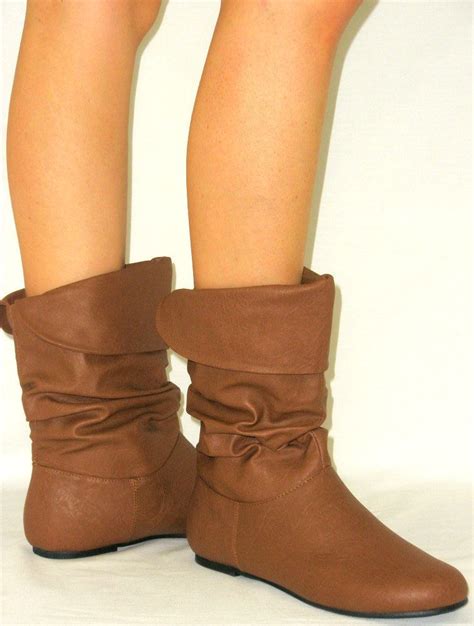 Faux Leather Slouchy Flat Cuff Boot Slouch Ankle Mid Calf Bootie