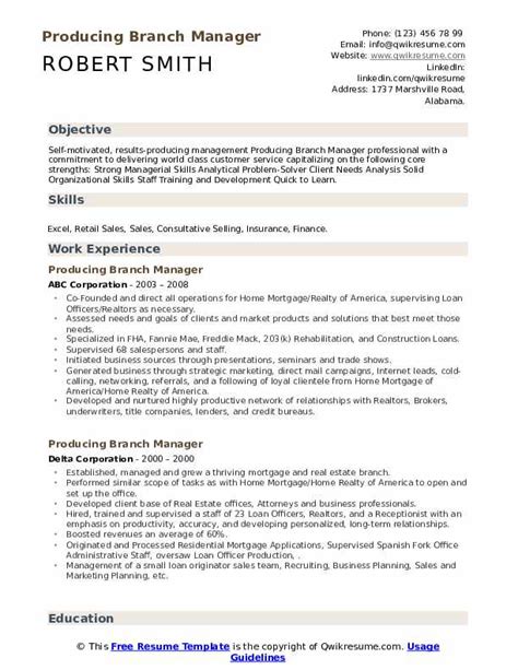 Producing Branch Manager Resume Samples Qwikresume