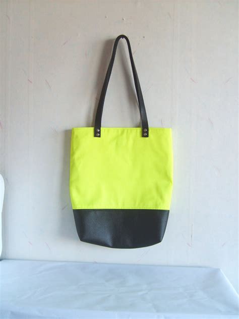 Neon Yellow Tote Bag Real Leather Handles Leather And Canvas Etsy