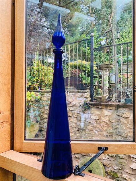 Cobalt Blue Genie Bottle Vintage Tall Empoli Italian Glass Decanter With Flame Stopper In