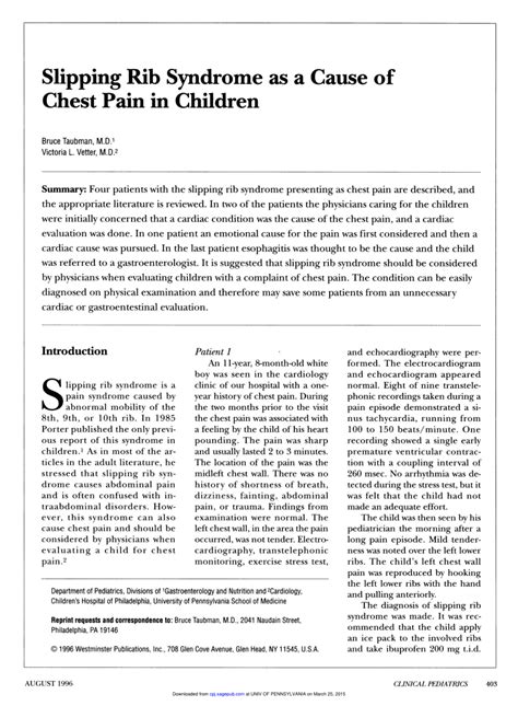 Pdf Slipping Rib Syndrome As A Cause Of Chest Pain In Children