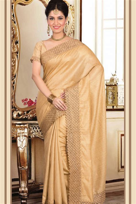 Buy Gold Plain Tissue Saree With Blouse Online