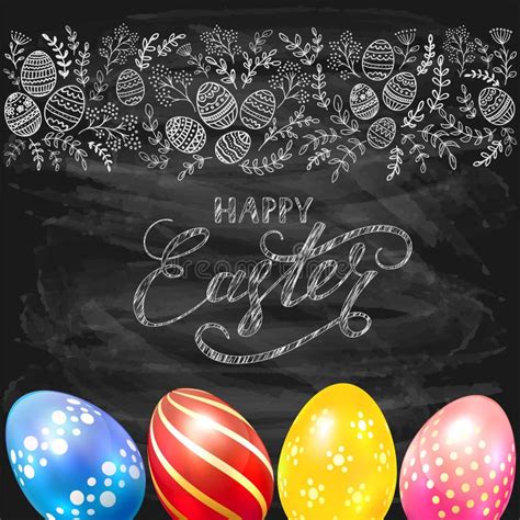 Black Chalkboard Background With Happy Easter And Decorative Egg Stock