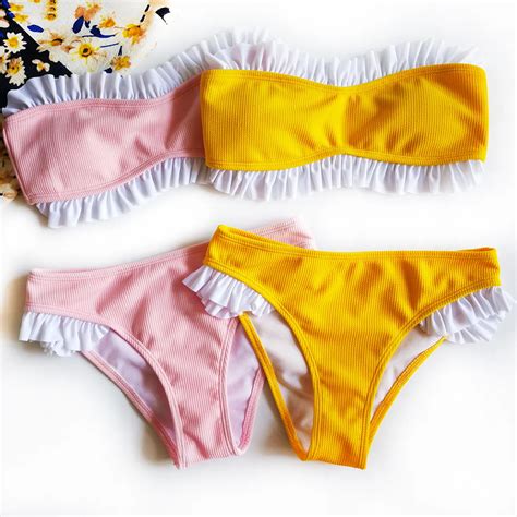 2018 Sexy Strapless Bikini Set Women Swimwear Low Waist Ruffles Bandeau Bandeau Bikinis Tube Top