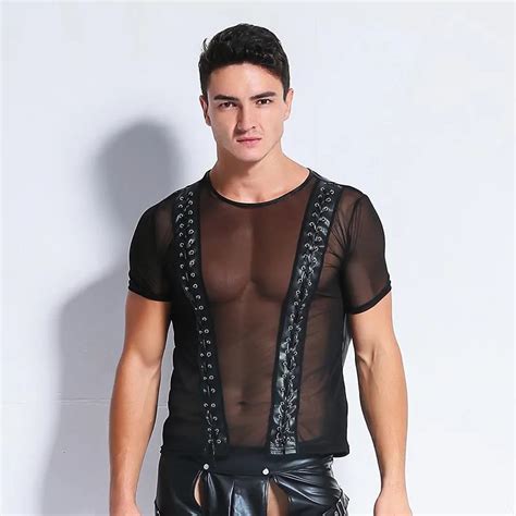 Exotic Gays Sexy Tanks Mesh And PVC Leather Latex Men Flirt Costume