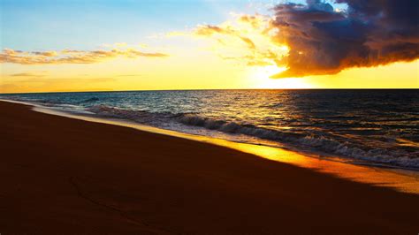 Download 1920x1080 wallpaper sunrise, beach, sea waves, skyline, full hd, hdtv, fhd, 1080p ...