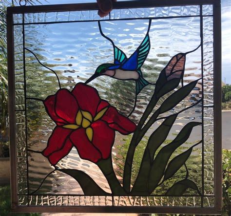 Gorgeous Iris And Hummingbird Leaded Stained Glass Window Panel Etsy In