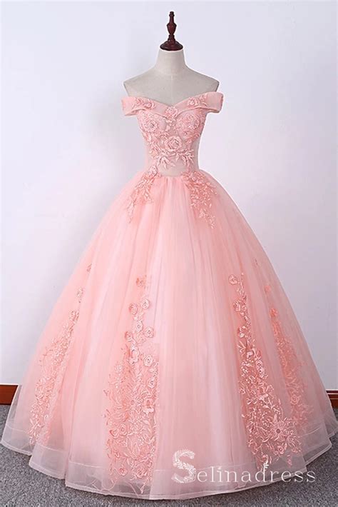 Blush Pink Long Prom Dresses Ball Gown Off The Shoulder Lace Formal