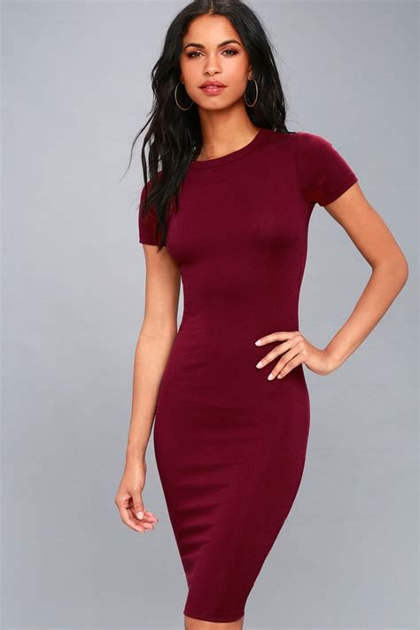 Cute Burgundy Dress Bodycon Dress Midi Dress Lulus