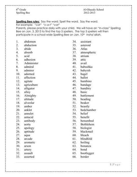 6th Grade Spelling List201213 Al Ghazaly School