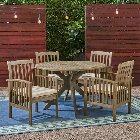 Frederic Outdoor 5 Piece Acacia Wood 47 Round Dining Set With X Legs