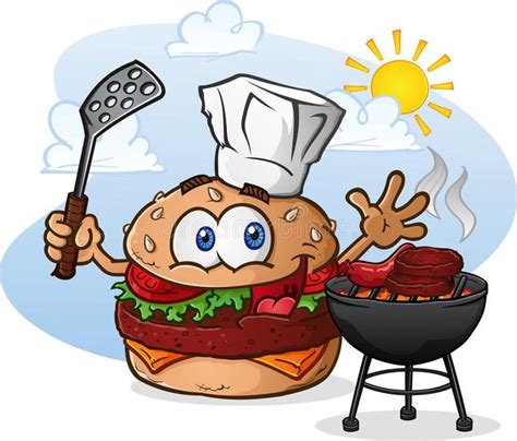 Hamburger Cheeseburger Cartoon Character Grilling With A Chef Hat Stock