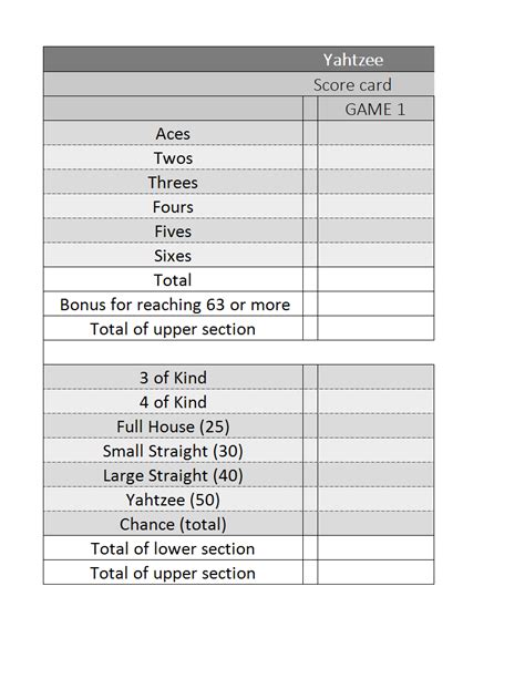 免费 Yahtzee Score Sheets 样本文件在