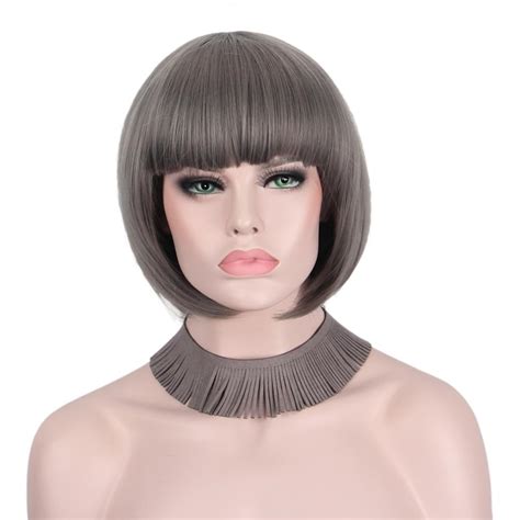 Anxin Short Synthetic Gray Wigs For Woman With Bangs Bob Wig Hair