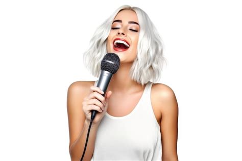 Premium Photo The Girl Sings Into The Microphone White Background