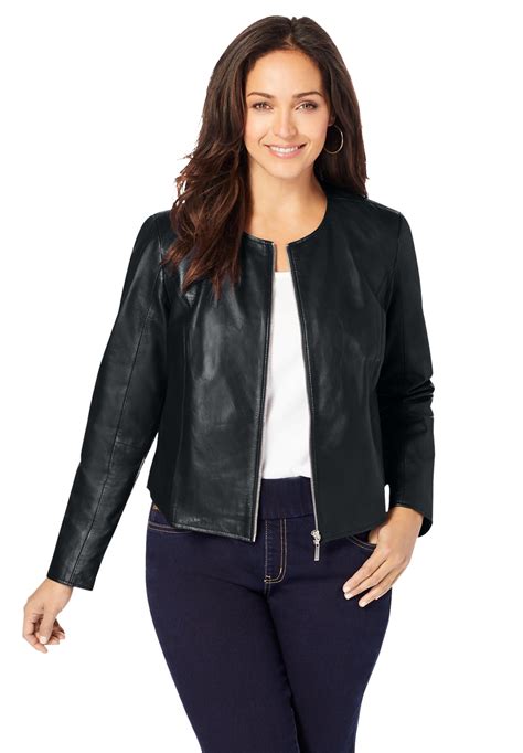 Jessica London Womens Plus Size Collarless Leather Jacket Leather