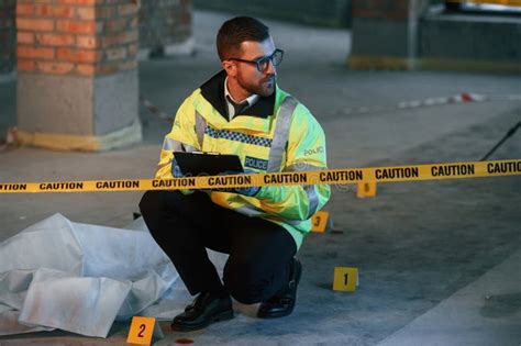 Male Detective Is Collecting Evidence In A Crime Scene Near Dead Body
