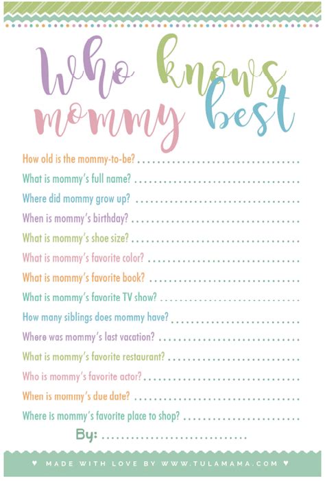 Free Printable Baby Shower Games Who Knows Mommy The Best Tulamama