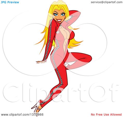 Clipart Of A Sexy Blond White Pinup Woman In A Auto Racing Body Suit Royalty Free Vector