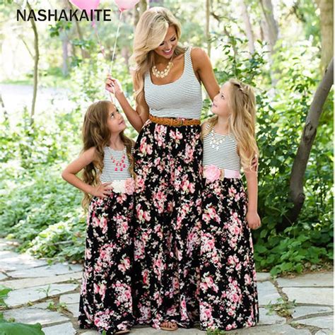 Nashakaite Mother Daughter Dresses Sleeveless Patchwork Striped Rose Long Dress Mother And