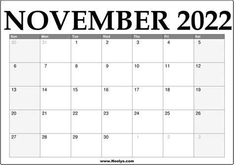 2022 November Calendar Printable Download Free