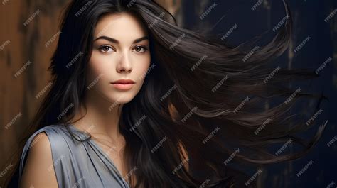 Premium Ai Image A Young Woman With Glossy Raven Hair In A Long Layered Style Exuding Natural