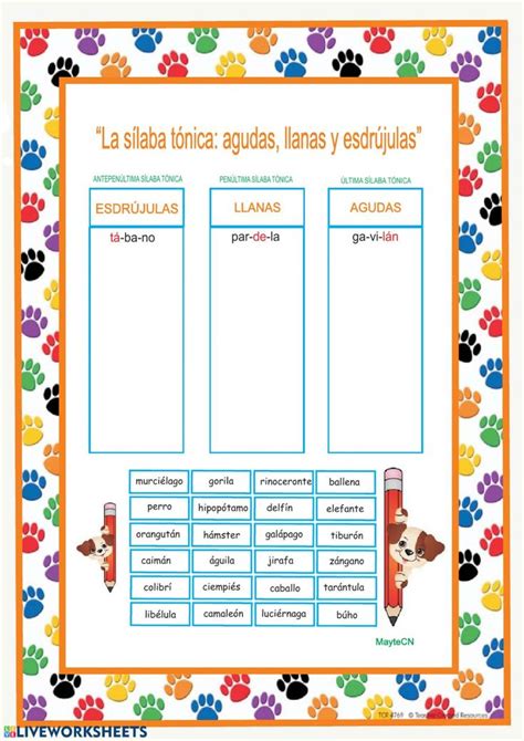Palabras agudas llanas y esdrújulas exercise Spanish language arts