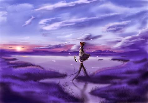 Wallpaper Landscape Sea Anime Girls Reflection Sky Artwork Touhou Blue Morning Wind