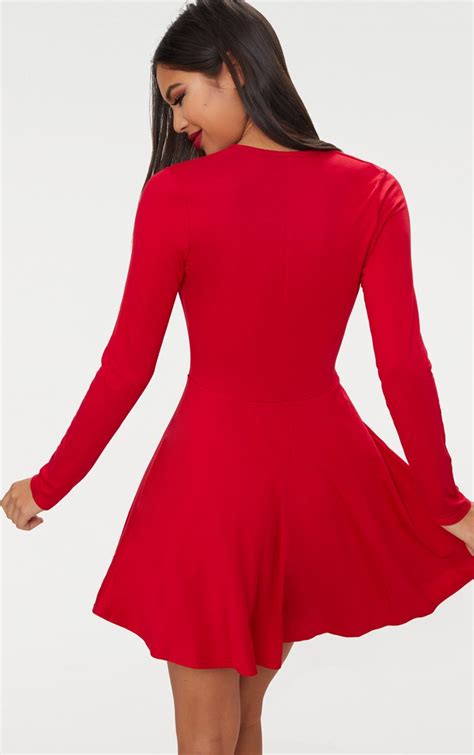 Red Jersey Wrap Long Sleeve Skater Dress Prettylittlething Aus