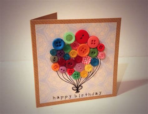 Handmade Birthday Card Button Balloon With Hand Stamped Happy