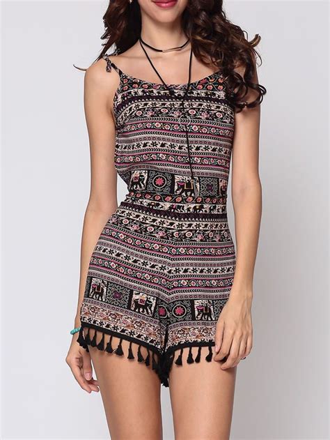 Bohemian Tribal Printed Tassel Captivating Backless Rompers Backless