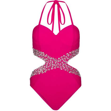 Hot Pink Embelished Swimsuit 12990 Rub Liked On Polyvore Featuring Swimwear One Piece