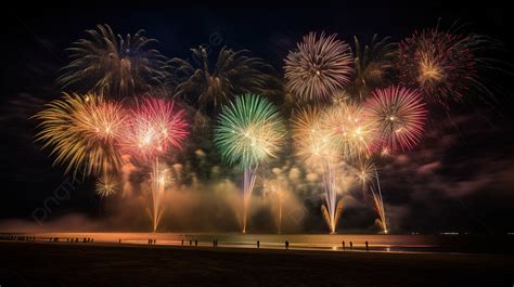 Fireworks Display On An Illuminated Beach Background Picture Of