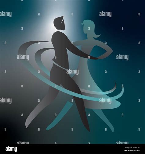 Young Couple Ballroom Dancers Stylized Drawing With Silhouettes Of