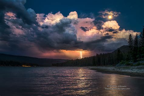 Lightning Strike And A Full Moon Over Bass Lake California Photo By