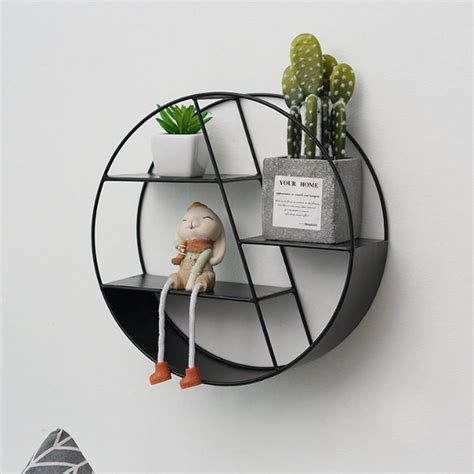 Industrial Style Metal Grid Shelf Round Wall Hanging Shelves Floating