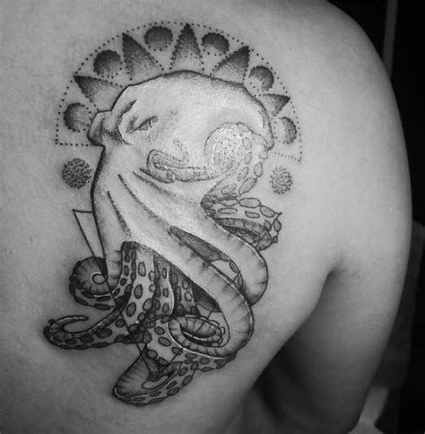 Pointillism Octopus Geometric Tattoo On Back Shoulder Blurmark